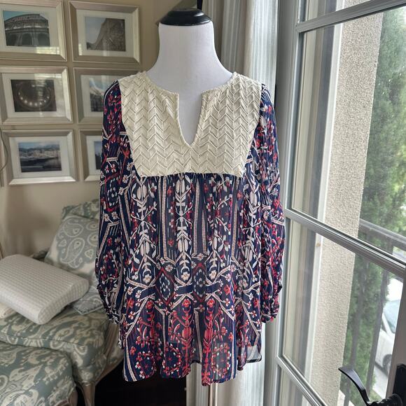 Bohemian Style Tunic Top Loose Flowy 100% Silk Embroidered Crocheted Yoke Size S - Picture 1 of 8